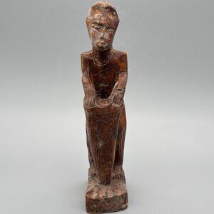 Vintage Hand Carved Wooden Drummer Figurine Primitive Tribal Style Wood Sculptur